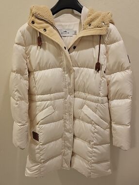 Coach Cream Quilted Women’s Puffer Coat with Faux Shearling Hood
